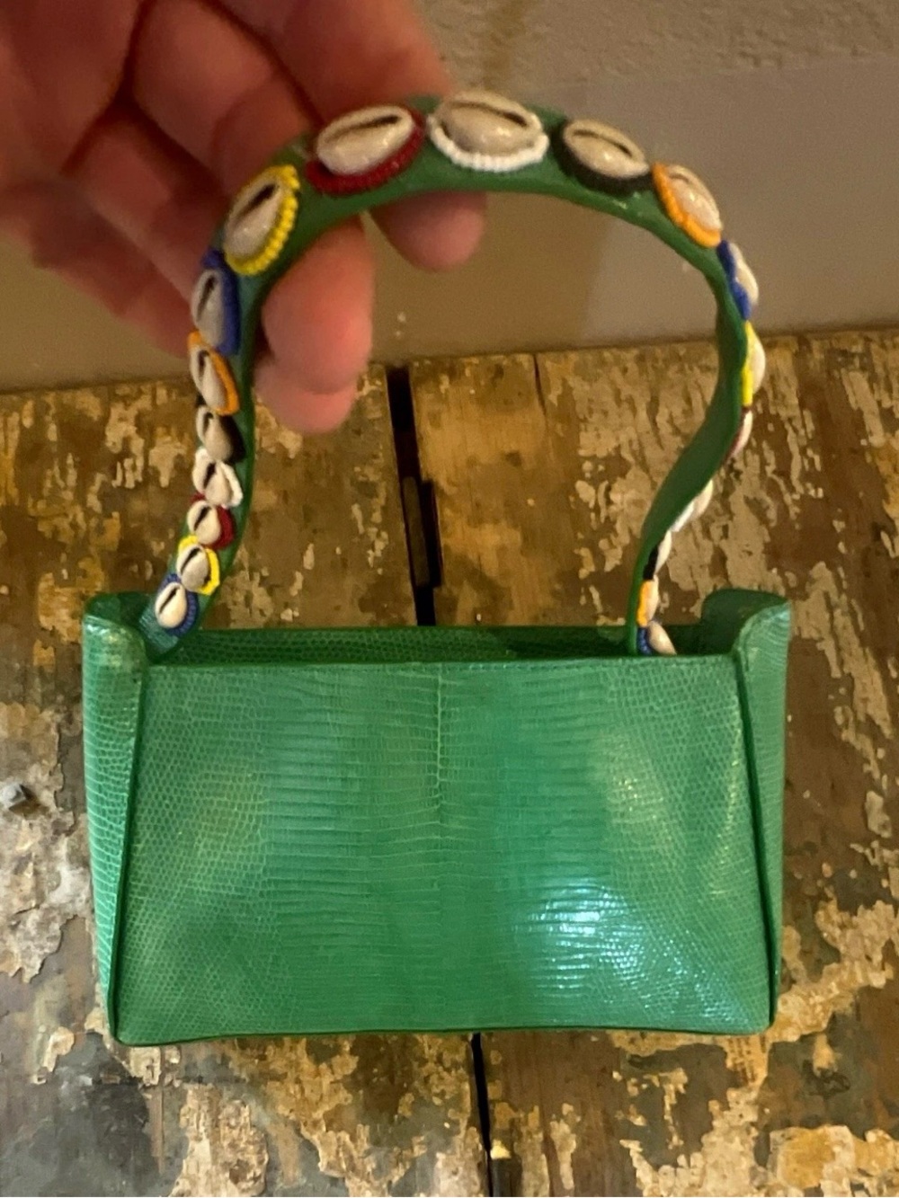 Anna Trzebinski Green Textured Top-Handle Bag with Decorative Shell Strap